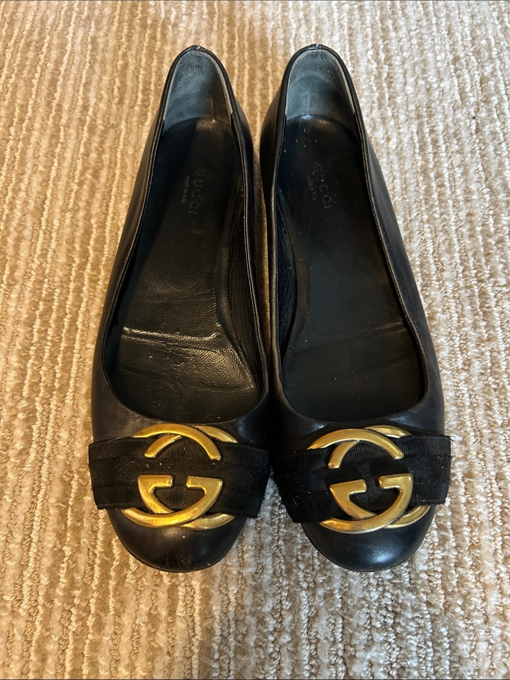Vintage Gucci Black Leather Ballet Flats with Gold Double G Accent